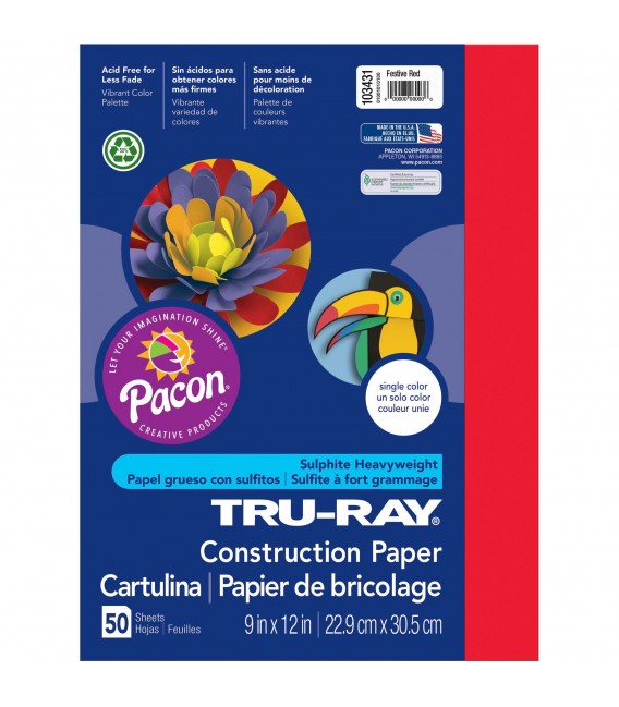 TRU-RAY® CONSTRUCTION PAPER 9" X 12" FESTIVE RED COLOR, 50 SHEETS