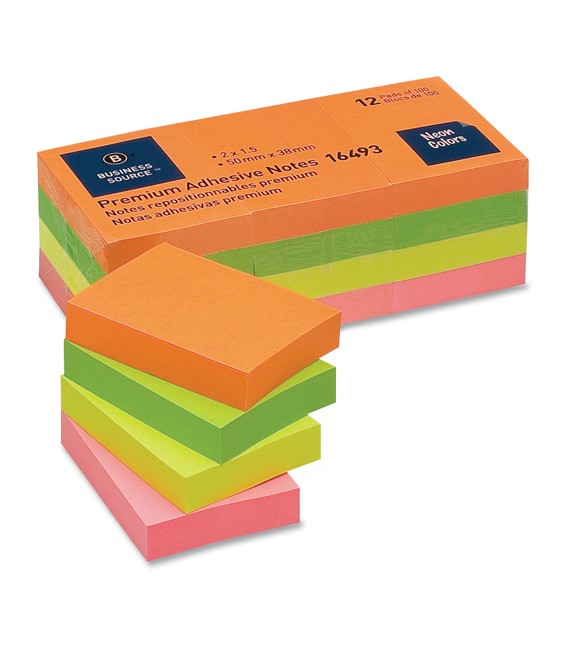 BUSINESS SOURCE® ADHESIVE NOTES NEON 1.50" X 2"