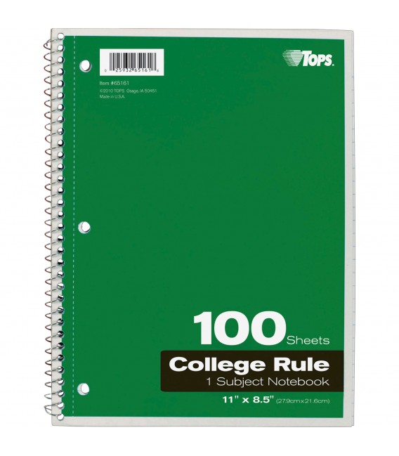 TOPS® COLLEGE RULE, SPIRAL NOTEBOOK, 11" X 8.5" 100 SHEETS