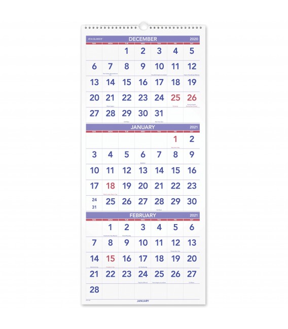 AT-A-GLANCE® 2021 THREE MONTH REFERENCE VERTICAL WALL CALENDAR, 1 EACH