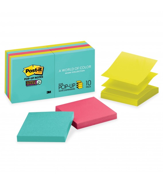 POST-IT® SUPER STICKY POP-UP NOTES, 3" X 3", MIAMI COLLECTION, 10 PADS/PACK