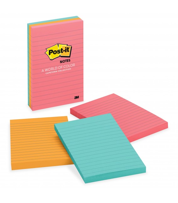 POST-IT® NOTES, 4" X 6", CAPE TOWN COLLECTION, LINED 3 PADS/PACK