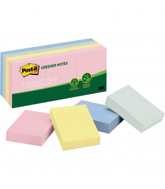 POST-IT® RECYCLED NOTES, 1 1/2" x 2", HELSINKI COLLECTION, 12 PADS/PACK