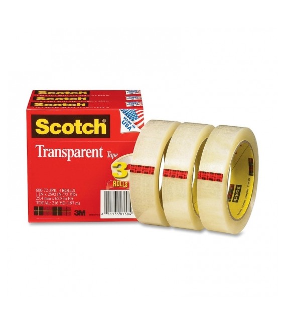 SCOTCH® TRANSPARENT TAPE, 1" x 2592", 3/Pack