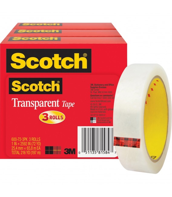 SCOTCH® TRANSPARENT TAPE, 1" x 2592", 3/Pack