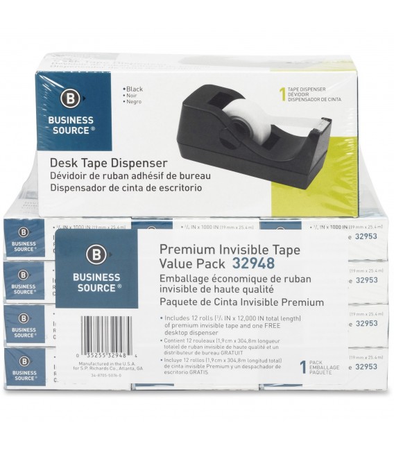 BUSINESS SOURCE® INVISIBLE TAPE, 3/4" X 1,000", + DISPENSER