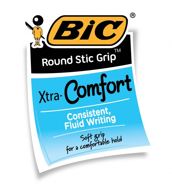 BIC® ROUND STIC®, GRIP XTRA-CONFORT BALL POIN, BLK/BLU, 36 PACK