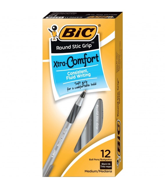 BIC® ROUND STIC®, GRIP XTRA-CONFORT BALL POIN, BLACK, DOZEN