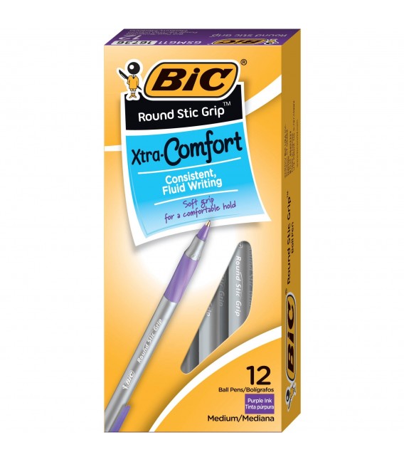 BIC® ROUND STIC®, GRIP XTRA-CONFORT BALL POIN, PURPLE, DOZEN