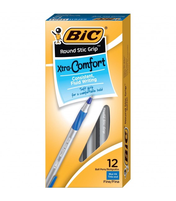 BIC® ROUND STIC®, GRIP XTRA-CONFORT BALL POIN, BLUE, DOZEN