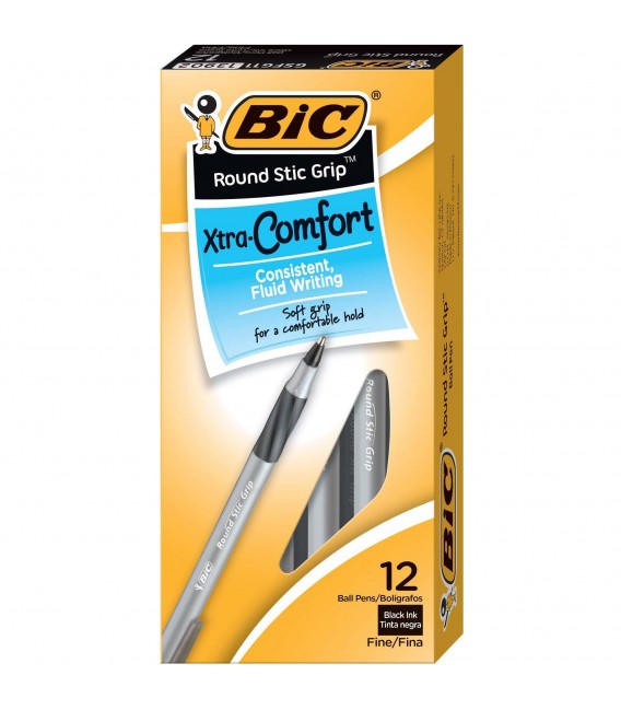 BIC® ROUND STIC®, GRIP XTRA-CONFORT BALL POIN, BLACK, DOZEN