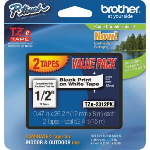 BROTHER® LAMINATED TAPE 1/2" BLACK/WHITE