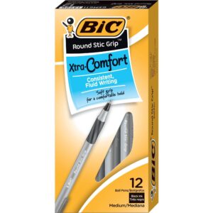 BIC ROUND STIC, GRIP XTRA-CONFORT BALL POIN, BLAK, DOZEN