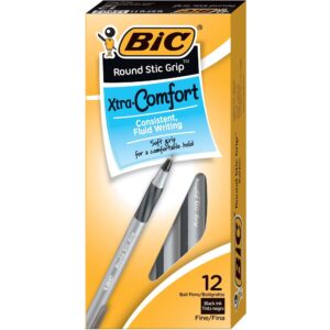BIC ROUND STIC, GRIP XTRA-CONFORT BALL POIN, BLACK, DOZEN