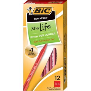 BIC® ROUND STIC®, XTRA-LIFE BALL POINT PEN, RED DOZEN